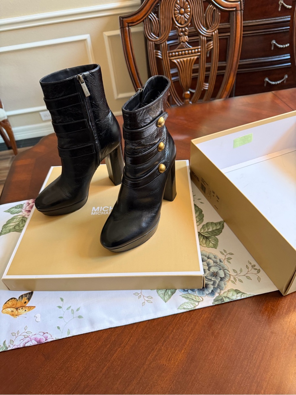 Michael Kors Black Leather Gold-Button High Heel Ankle Boots